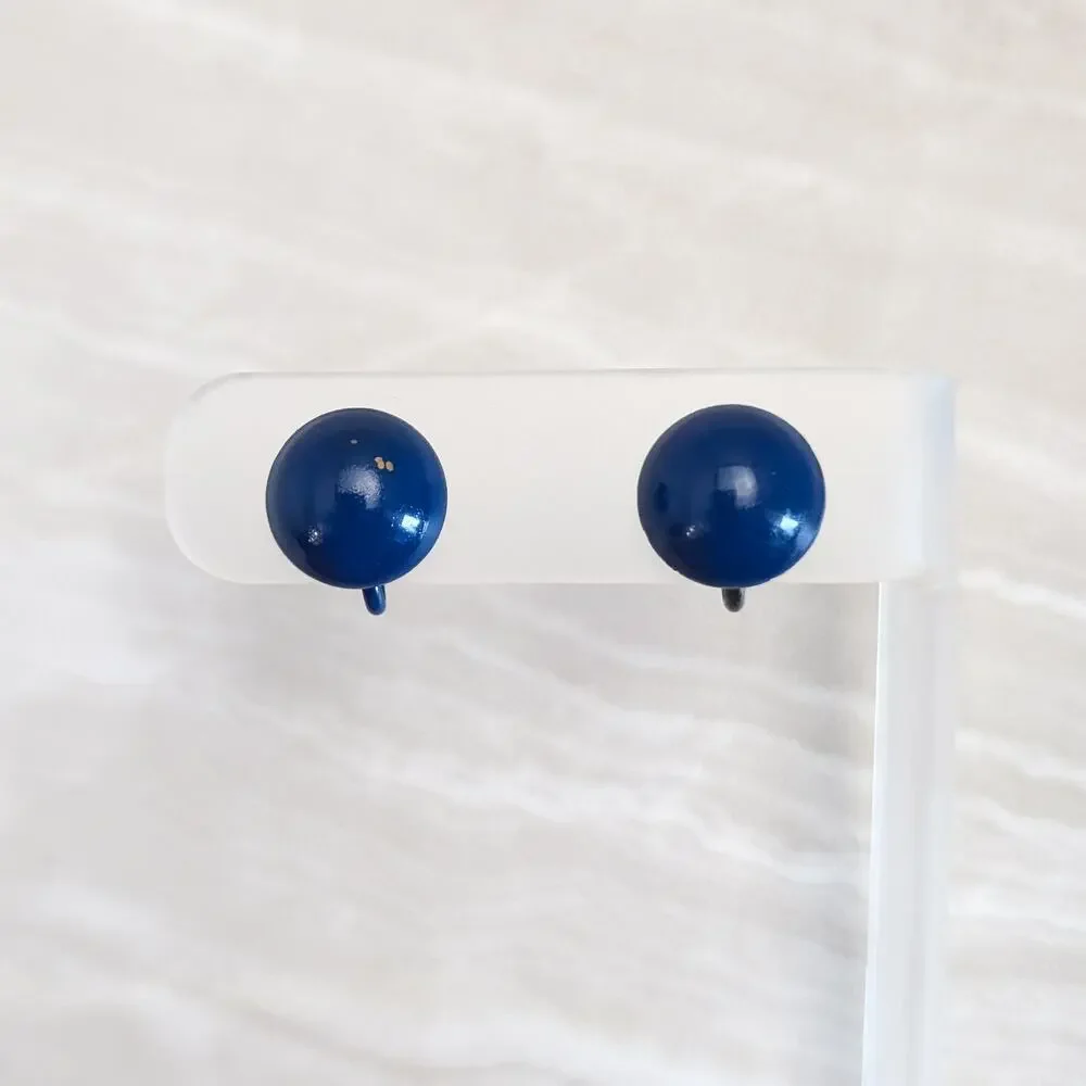 Vintage Clip On Earrings Retro Small Dark Blue Domed Circle - Paint Chips